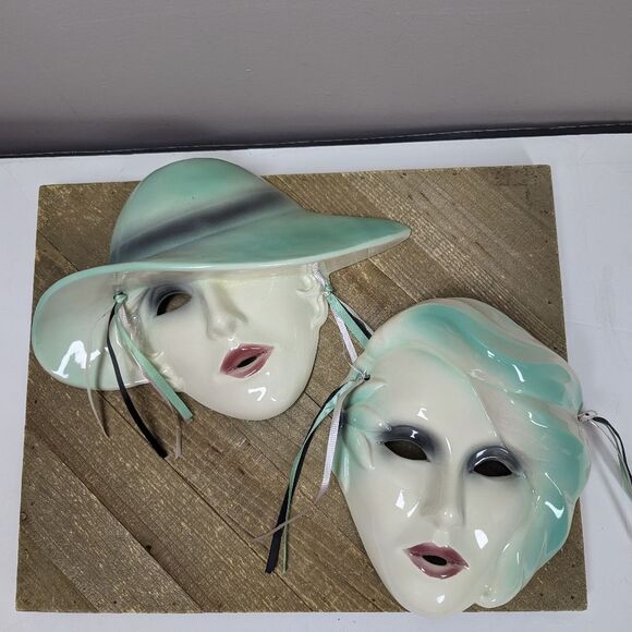 Vintage 1980s Ceramic Wall Masks Set – Hand Painted Green & Cream Art Deco Faces - Picture 1 of 5